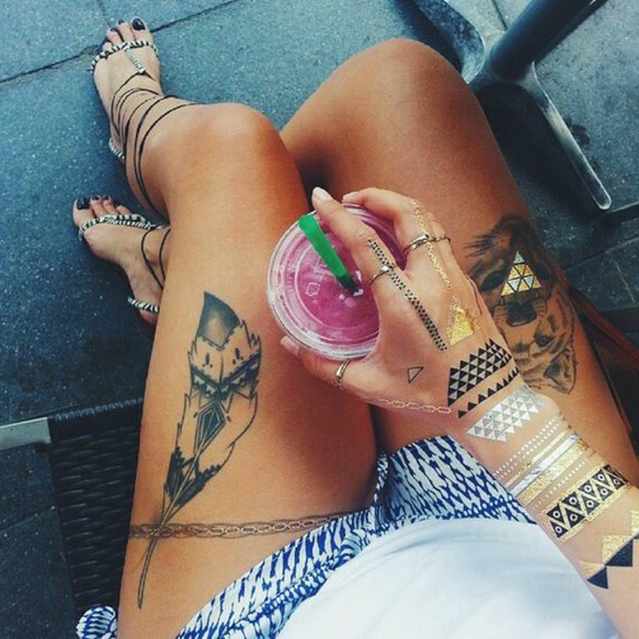 tetoviranje ramena žena ruka nogu bedra smoothie sandale kratke hlače šarene dizajn ideje manikura