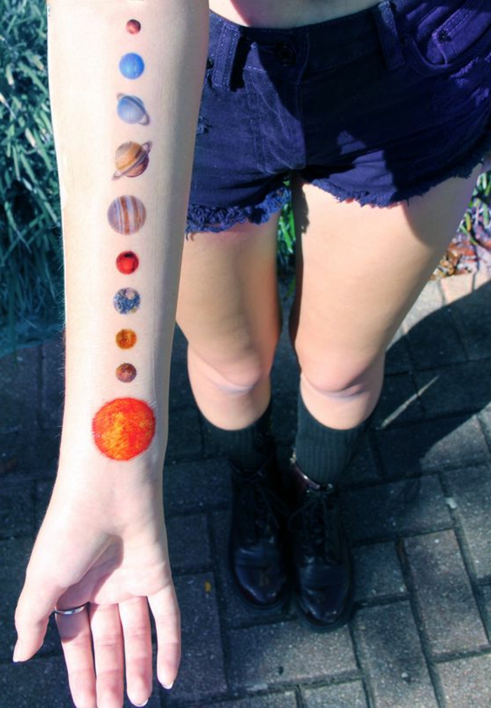 красиви татуировки космос слънчева система всички планети от нашата система Венера Марс земя слънце ръка