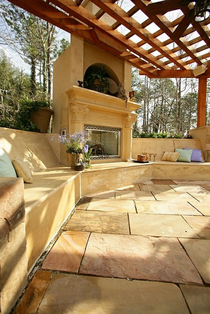 -terraza de la planta de piedra-elegante-chimenea-creativa-diseño