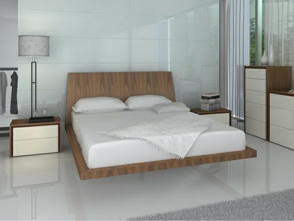 dormitorio moderno con cama de madera flotante