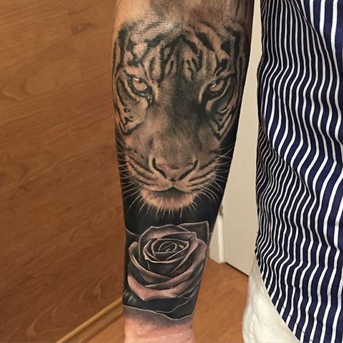tigris fej tetoválás, rózsa, férfi, csíkos ing fekete-fehérben