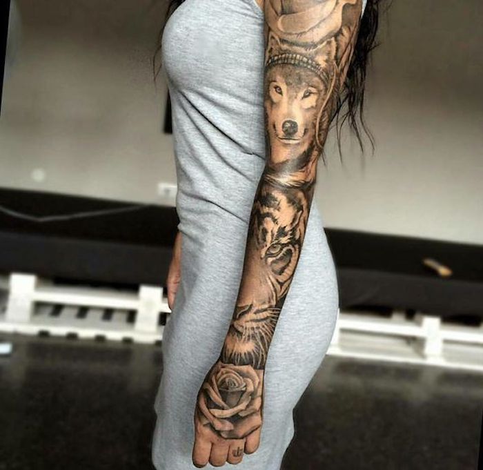 tetovaža tigra, tetovaža rukava, žena, haljina glave, vuk, glava vuka, ruža