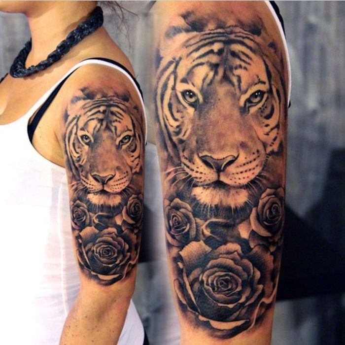 тигър татуировка глава, рози, черна огърлица, жена, татуировка на горната част на ръката