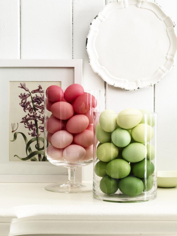 tischdeko-за-пролетните идеи-за-великден-tischdekoration-зелено-червени яйца стъклени