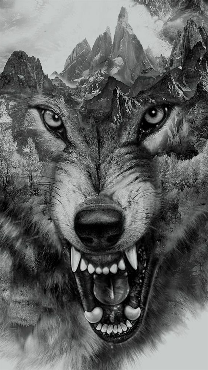 вдъхновяващи изображения - чудесна идея за татуировка на вълк - тук е вълк и вълнист вълк и планини