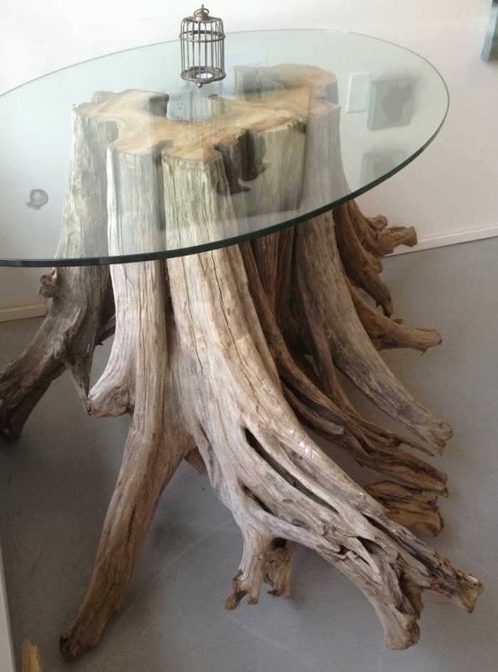 trozos de madera-Tinker-café-mesa de madera y un tazón de vidrio-bricolaje-moebel