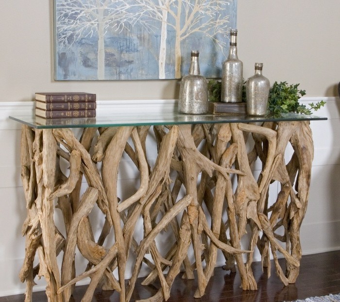 Bois flotté-Tinker-table de bois-bol en verre décorations-plantes-image-vert livres