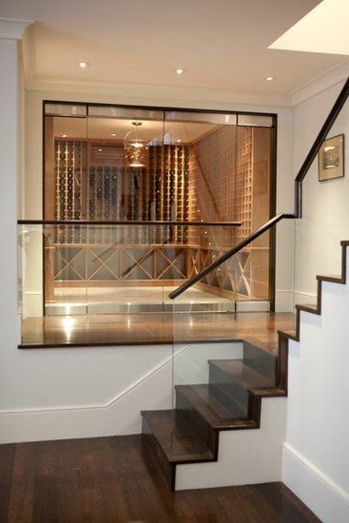 escalier avec garde-corps en verre et en bois sombre