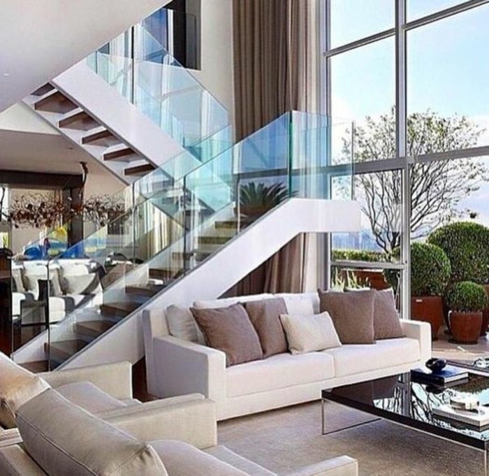 escalera de vidrio con sala-diseño de barandilla de vida