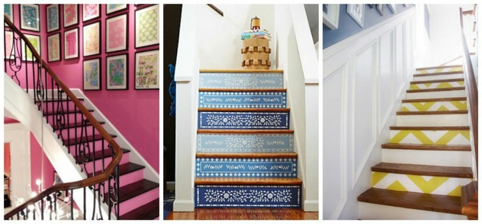 Trois couleurs de conception d'escalier - rose, bleu et vert dans différentes formes