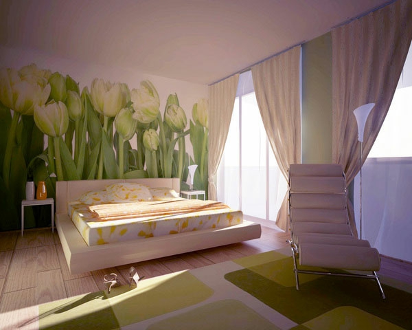 žuti tulipani oslikani na zidu u spavaćoj sobi