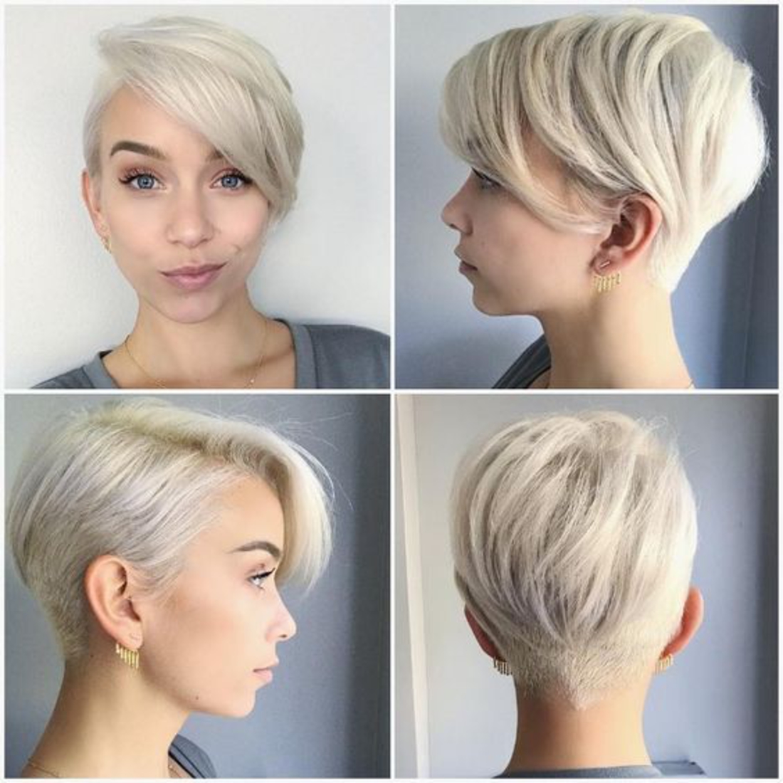 četiri fotografije s plavim kose viseći naušnice podcut frizure žene kratke kose