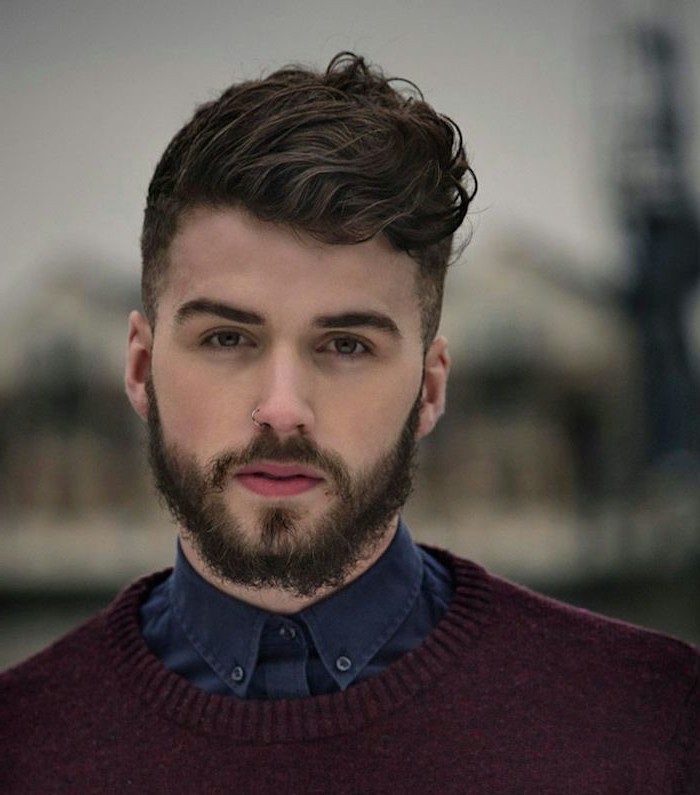 alsó stílusa felső frizura az év 2017 ing pulóver férfi göndör haj szakáll