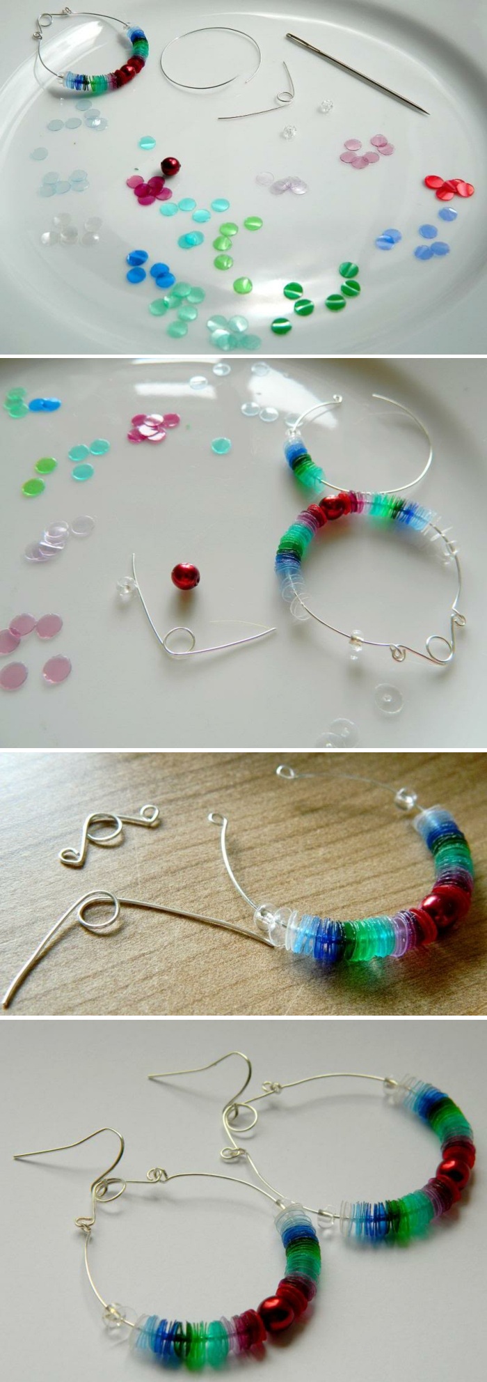 Faire des bijoux bricolage, grandes, rondes, boucles d'oreilles en argent avec des éléments colorés
