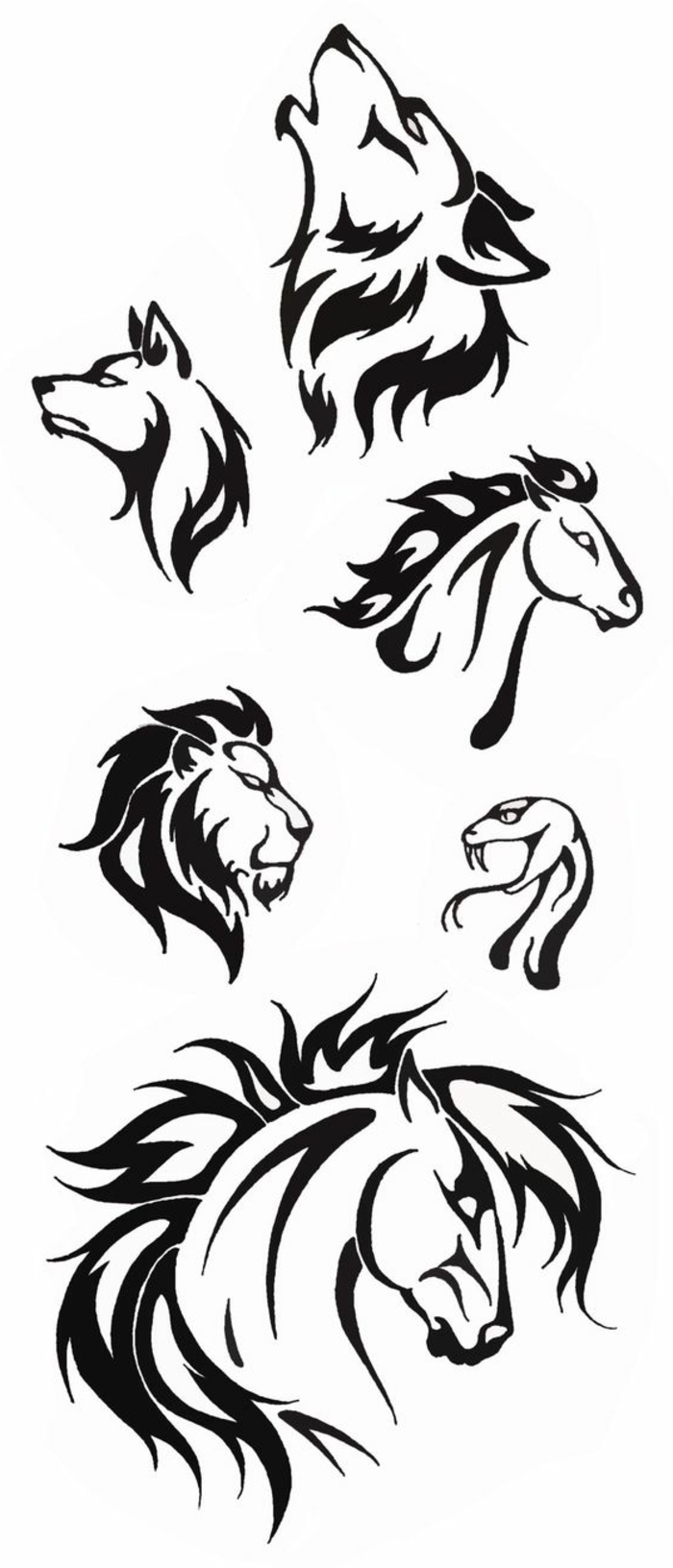 Itt mutatunk be különböző ötleteket a fekete tetoválásokra - farkasok, oroszlánok, két ló és egy kígyó