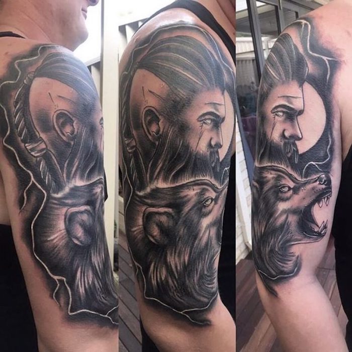 velika viking tetovaža, čovjek s crnom kosom, vuk