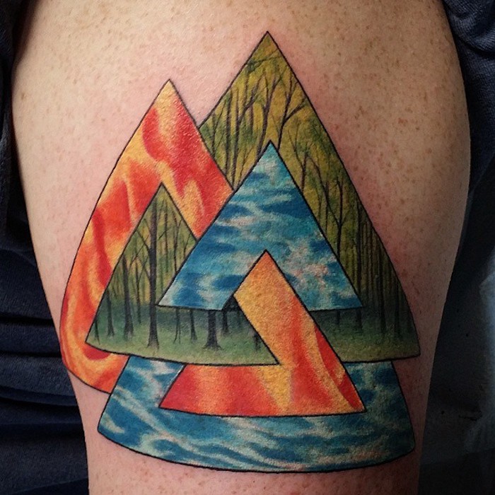 татуировка в различни цветове, триъгълници, бинтото