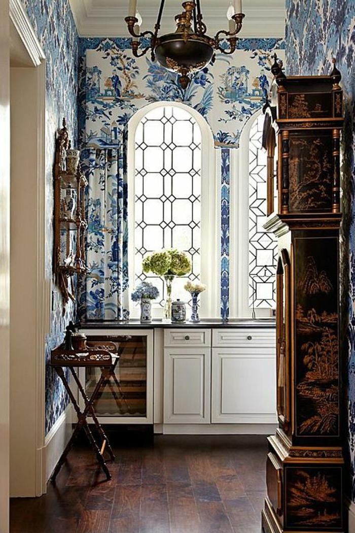 tonos azules Aparato de cocina de la vendimia floral-Wallpaper