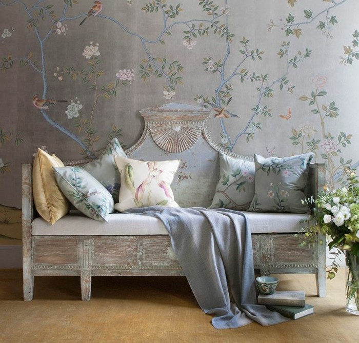 berba kauč jastuk s cvjetnim motivima-pozadina-plavo-cvijeće-ptica