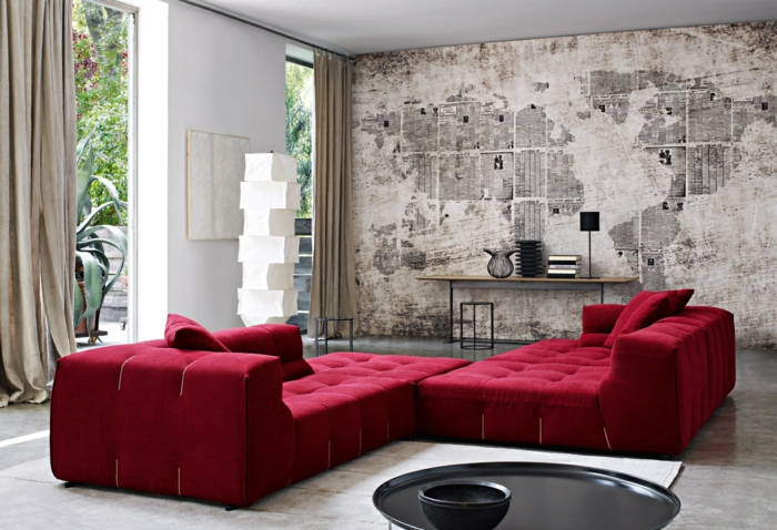 стена за рисуване-идеи-капучино-стена и диван-в-цвят-червено
