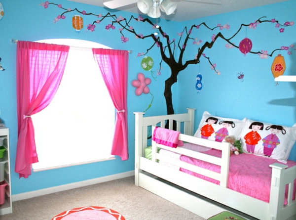 لوحة حائط - غرفة نوم - زرقاء - لون - شجر - تلوين - ستائر بلون بخور مريم