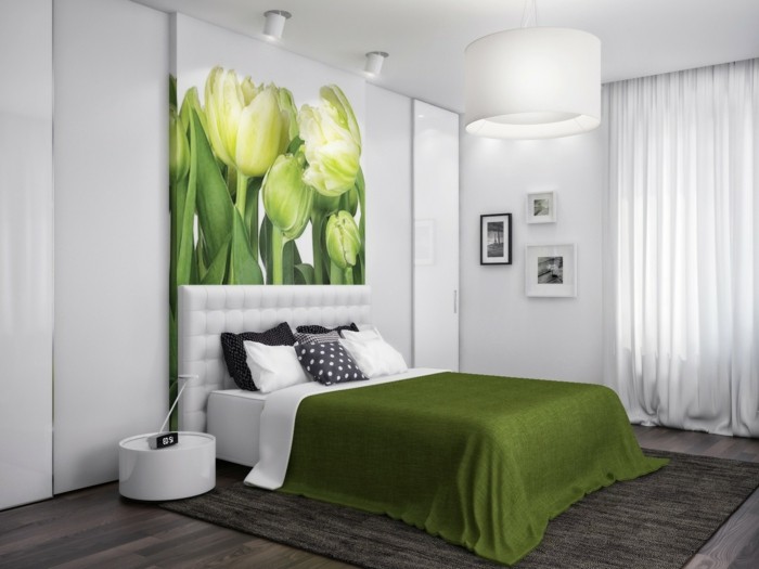 seinän väri vihreä tyylikäs makuuhuoneen-super-vuode-ja kuva-to-the-wall