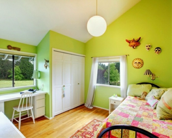 दीवार का रंग, हरे और छोटे मॉडल बेडरूम-सामान करने वाली दीवार