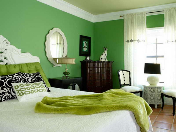 دهان جداري - أخضر - غرفة نوم - تصميم أنيق - ستائر باللون الأبيض