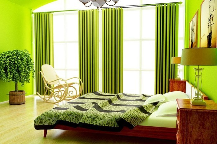 दीवार का रंग हरा-महान पर्दे और आरामदायक बिस्तरों में एक बेडरूम का