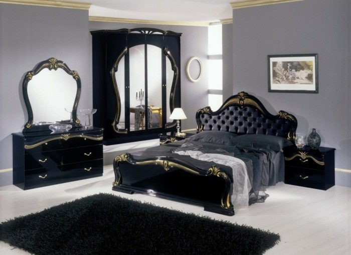 جدار اللون الرمادي الأسود الباروك والأثاث للاهتمام-السجاد في غرفة نوم