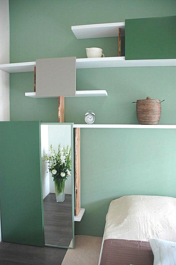 zidna boja odlicno zeleno-zidne police-jednostavna-spavaća soba-interijer-ideje-in-mente