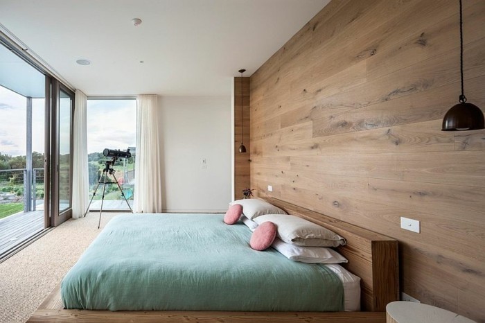 दीवार का रंग बेडरूम की लकड़ी भूरे बोर्डों-आधुनिक डिजाइन