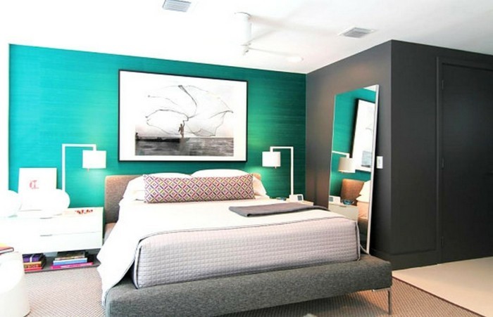seinän väri turkoosi-tyylikäs-malli makuuhuoneen-super-suunnittelu