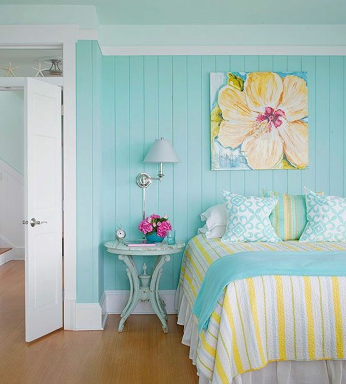 цвят на стената тюркоаз-творчески стена дизайн-в-спални
