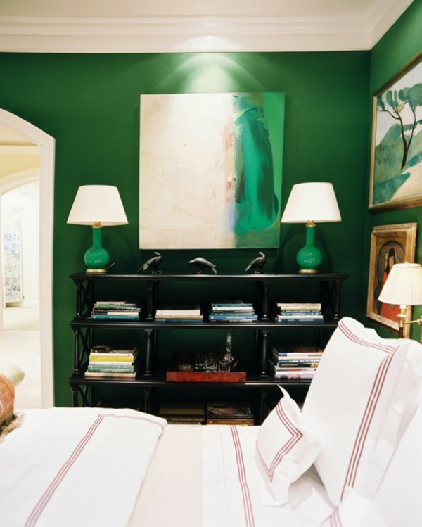 لون الجدار - أفكار - لغرفة النوم - الأخضر - مصباحان باللونين الأبيض والأخضر