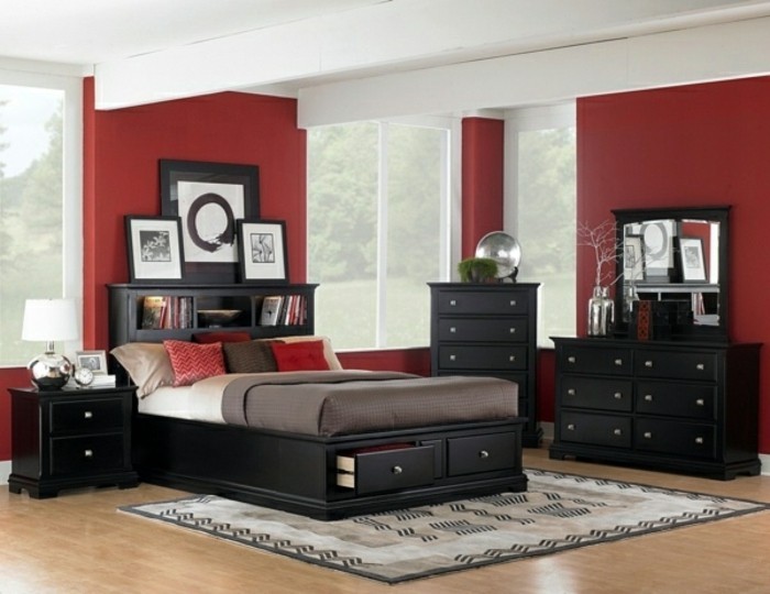 दीवार डिजाइन के साथ रंग-आकर्षक आधुनिक बेडरूम लाल और काले मैच