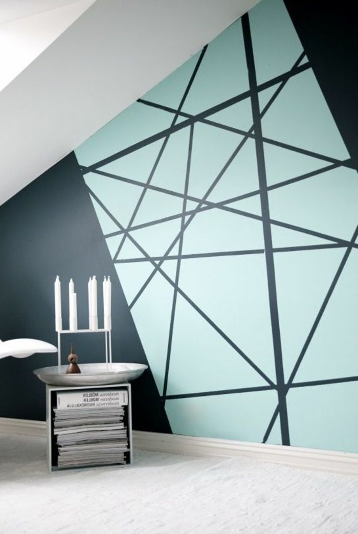 стена дизайн с цвят светлина син-геометрични фигури--тъмно ъгли-и-край