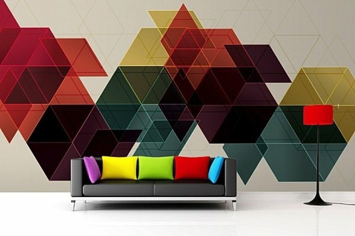 zid dizajn-sa-boje-u-dnevnom-stojeća lampa-crveno svjetlo-crno-kožni kauč Šareni jastuci