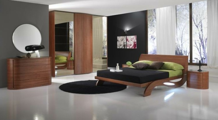 стена дизайн-с-цветен-модерна спалня в сиво и кафяво