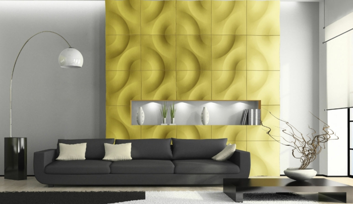 आधुनिक इंटीरियर-साथ पीले दीवार पैनलों
