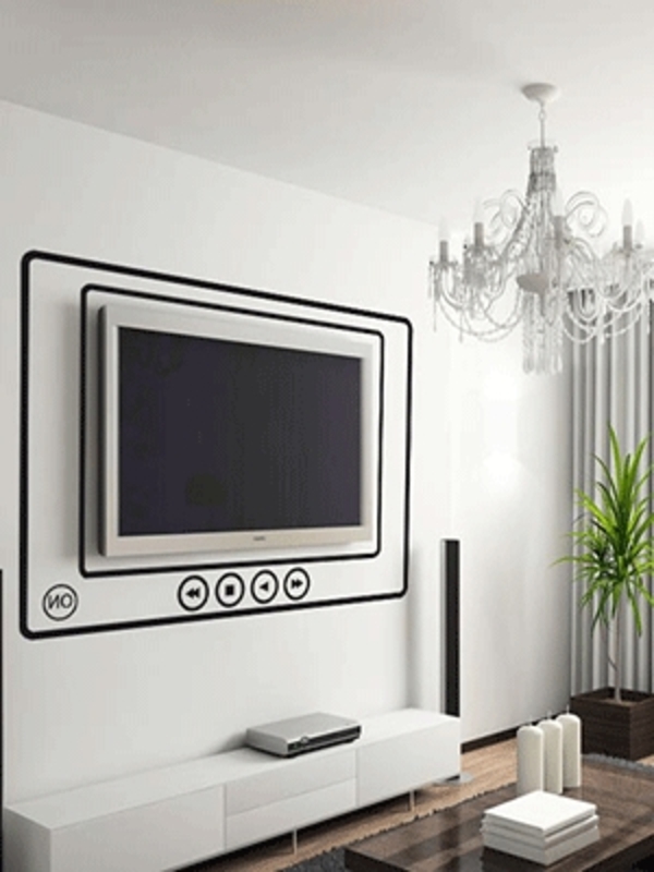 декоративни черни линии около телевизор - модерен хол с декоративни стени