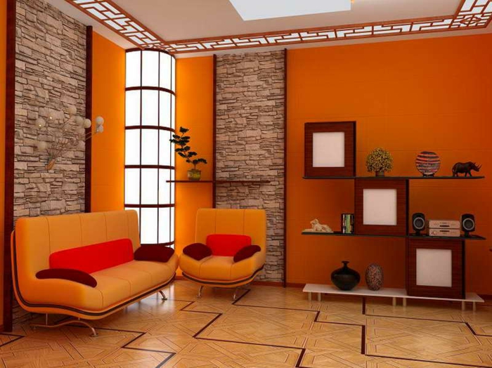 velike boje kombiniraju - narančasta dnevna soba