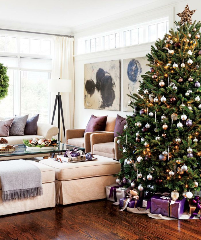 weihnachtsdeko-идеи-лилаво-дизайн-украсена елха