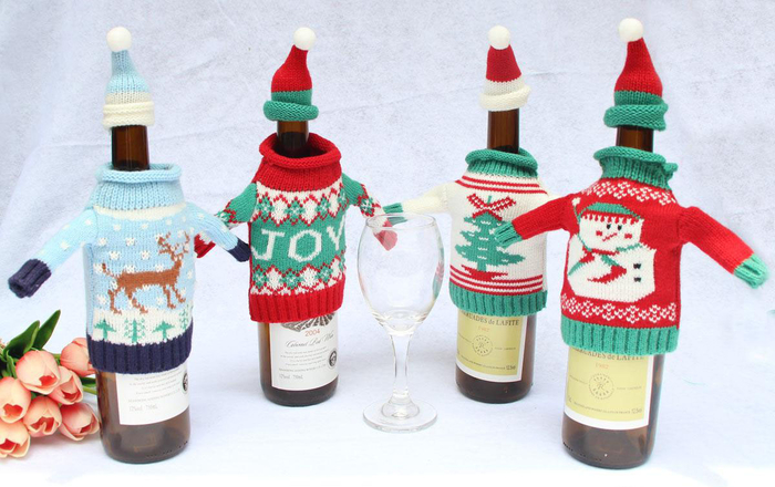 تزيين زجاجات النبيذ ، والحياكة ، سترة عيد الميلاد ، فكرة ديي ، هدية عيد الميلاد