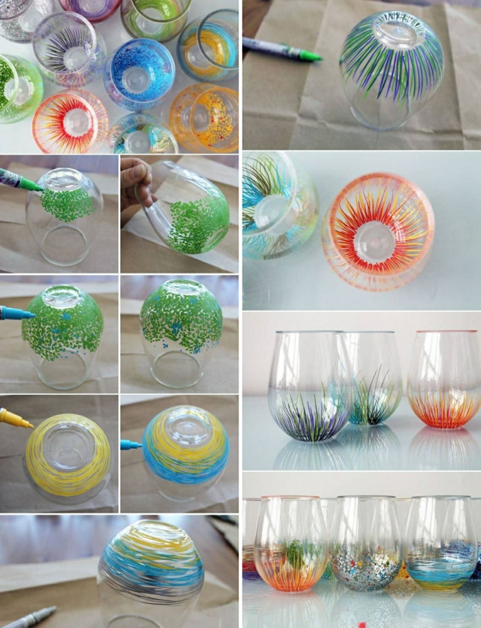 copa de vino sin estilo decorar con lápices de colores, papel, decoración de vidrio