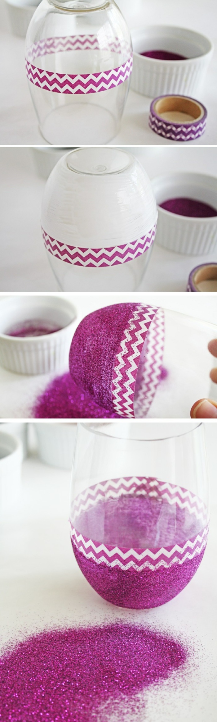 decorar una copa de vino sin estilo con purpurina morada, cinta washi, bricolaje