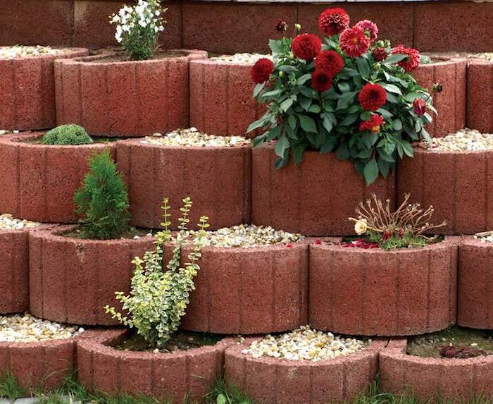 hermosos anillos de plantas de concreto con pequeñas flores rojas y blancas y plantas verdes