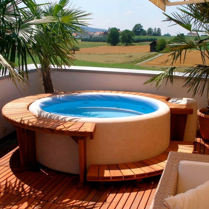 bain à remous-toit terrasse ronde palmiers