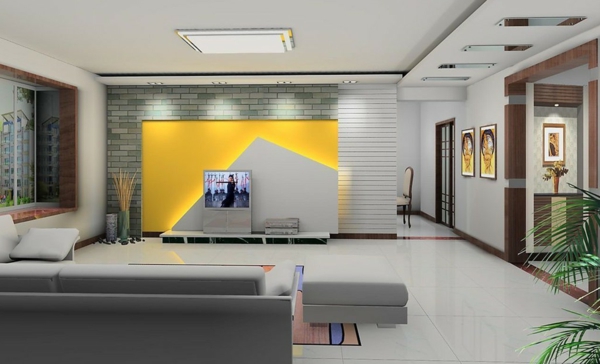 wohnideen التلفزيونية الجدار مع فائقة الحداثة تصميم في والأصفر والرمادي