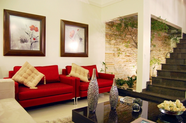 Nappali design vörös kanapéval